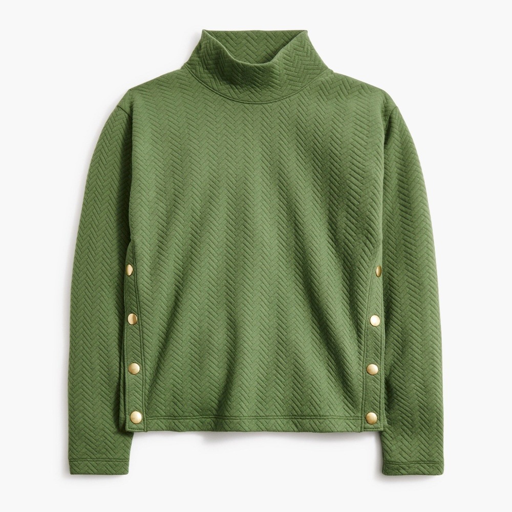 J.Crew Olive Green Quilted Herringbone Mock Neck Side Snap Sweatshirt M - Picture 2 of 7